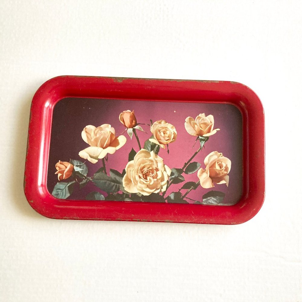 Vintage Metal Tray Floral Red Roses Cottage Decor